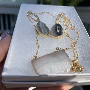 Gold and Gray agate  Stone Necklace and Earring Set